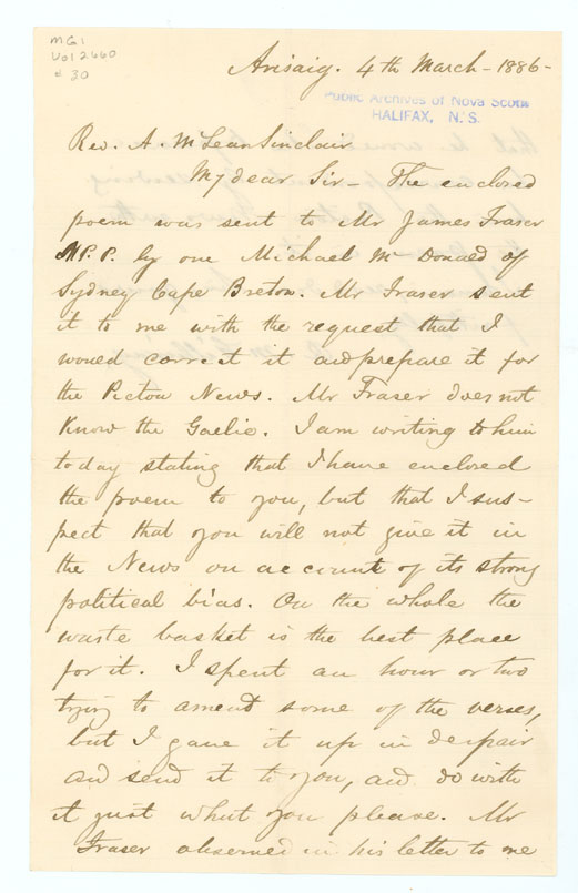 Letter from R. M'Gillivray, Arisaig