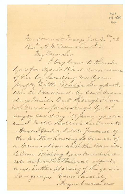 Letter from Angus Cameron, St. Mary's, Richmond County