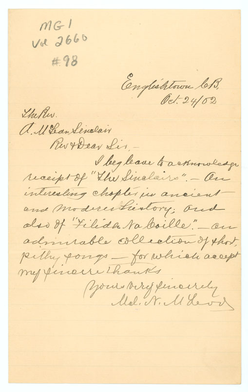 Letter from M. McLeod, Englishtown, CB.