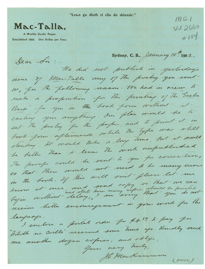 Letter from J. MacKinnon, Sydney, Cape Breton