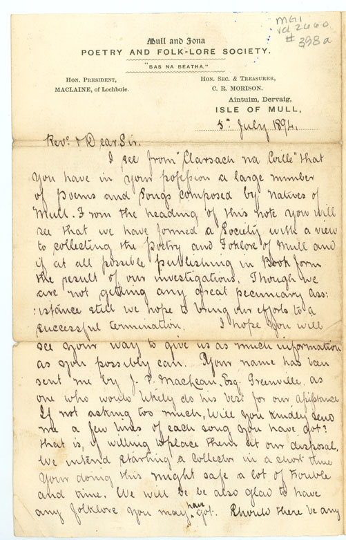 Letter from C.R. Morison, Isle of Mull