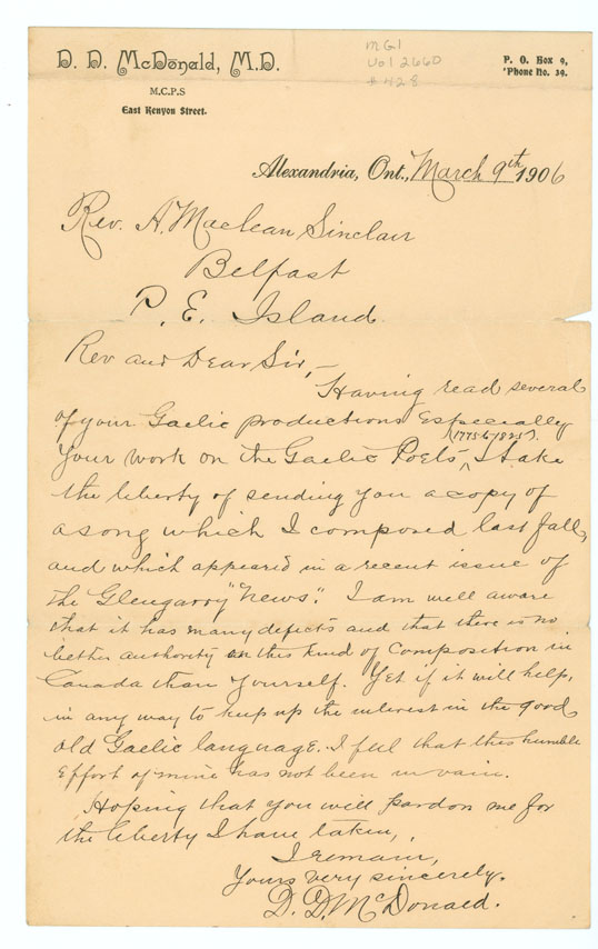 Letter from D.D. McDonald, Alexandria, Ontario