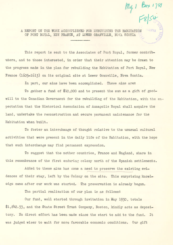 habitation : A Report on the Work Accomplished for Rebuilding the Habitation of Port Royal, New France, at Lower Granville, Nova Scotia