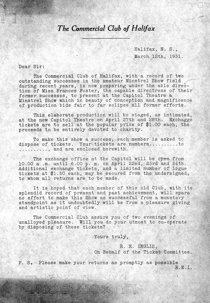 Letter from R E. Inglis, Ticket Committee, to Members of the Commercial Club of Halifax, 12 March 1931, Requesting Them to Sell Tickets