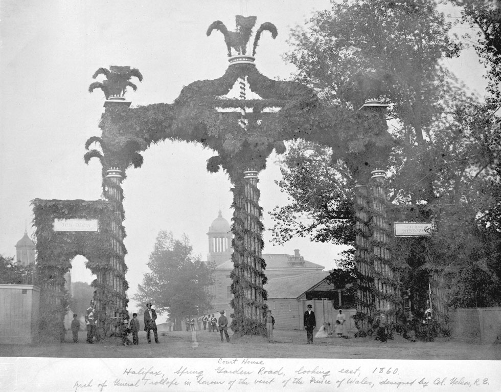 halifax : Court House, Halifax, Spring Garden Road, looking east, 1860. Arch of General Trollope in honour of the visit of the Prince of Wales, design