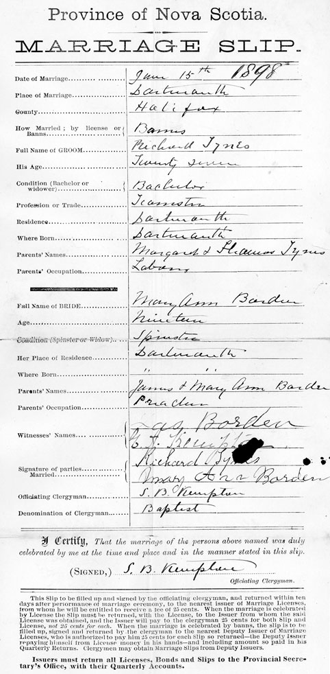 Province of Nova Scotia Marriage Slip for Richard Tynes and Mary Ann Borden, 15 June 1898