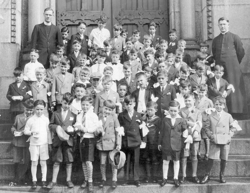 First Communion – Group of Boys and Priests on the Steps of St. Mary's Cathedral, Halifax, 1930