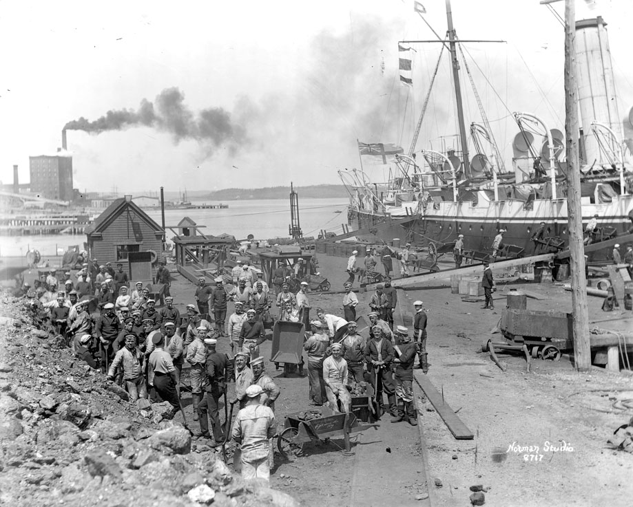 Coaling <i>HMS Charybdis</i> at HM Dockyard, Halifax, [189-?]