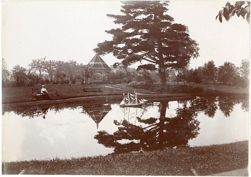 irvine : Woman watching model boat on pond, Public Gardens, Halifax