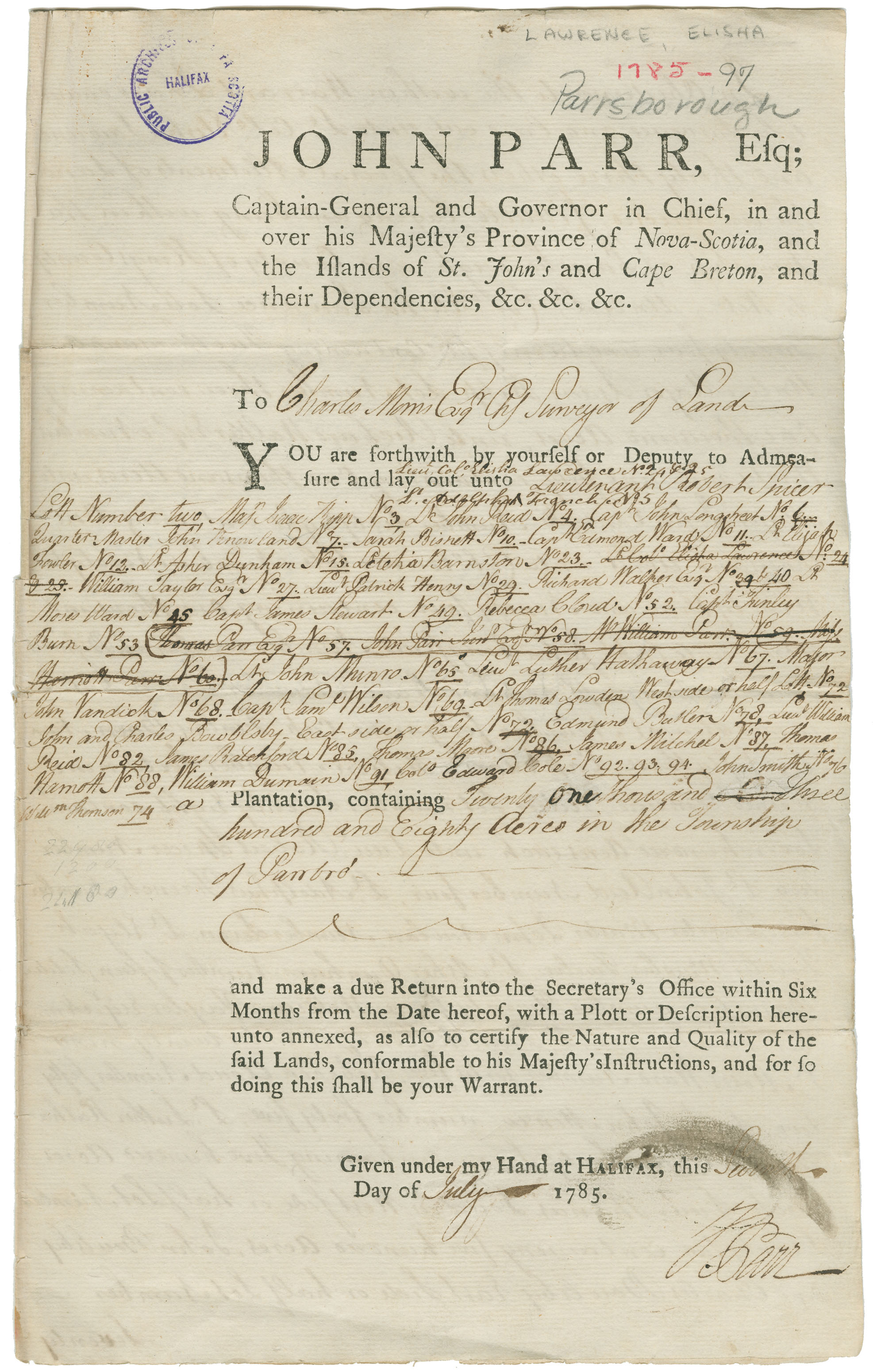 Nova Scotia Archives Nova Scotia Land Papers 17651800