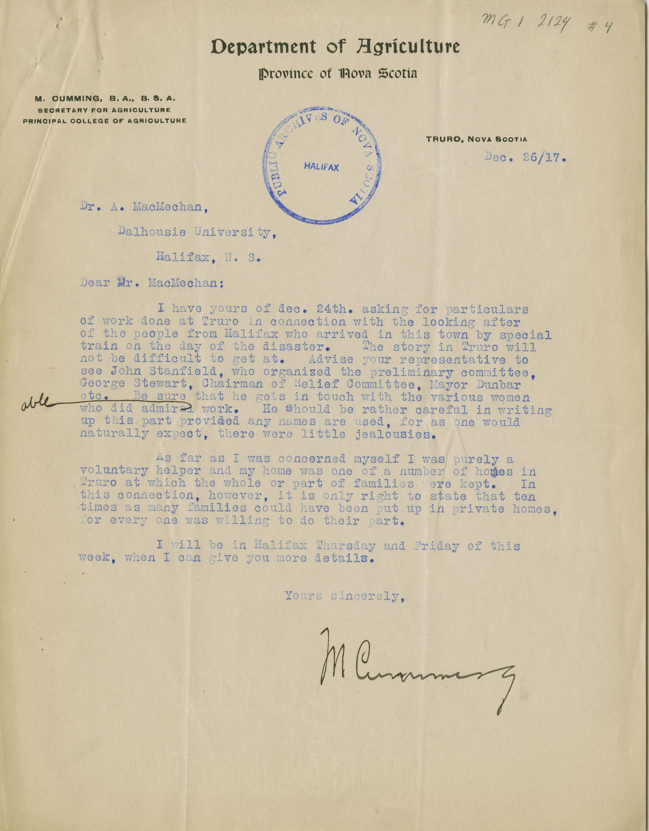 Letter from M. Cumming, Department of Agriculture, Truro to R.A. MacMechan