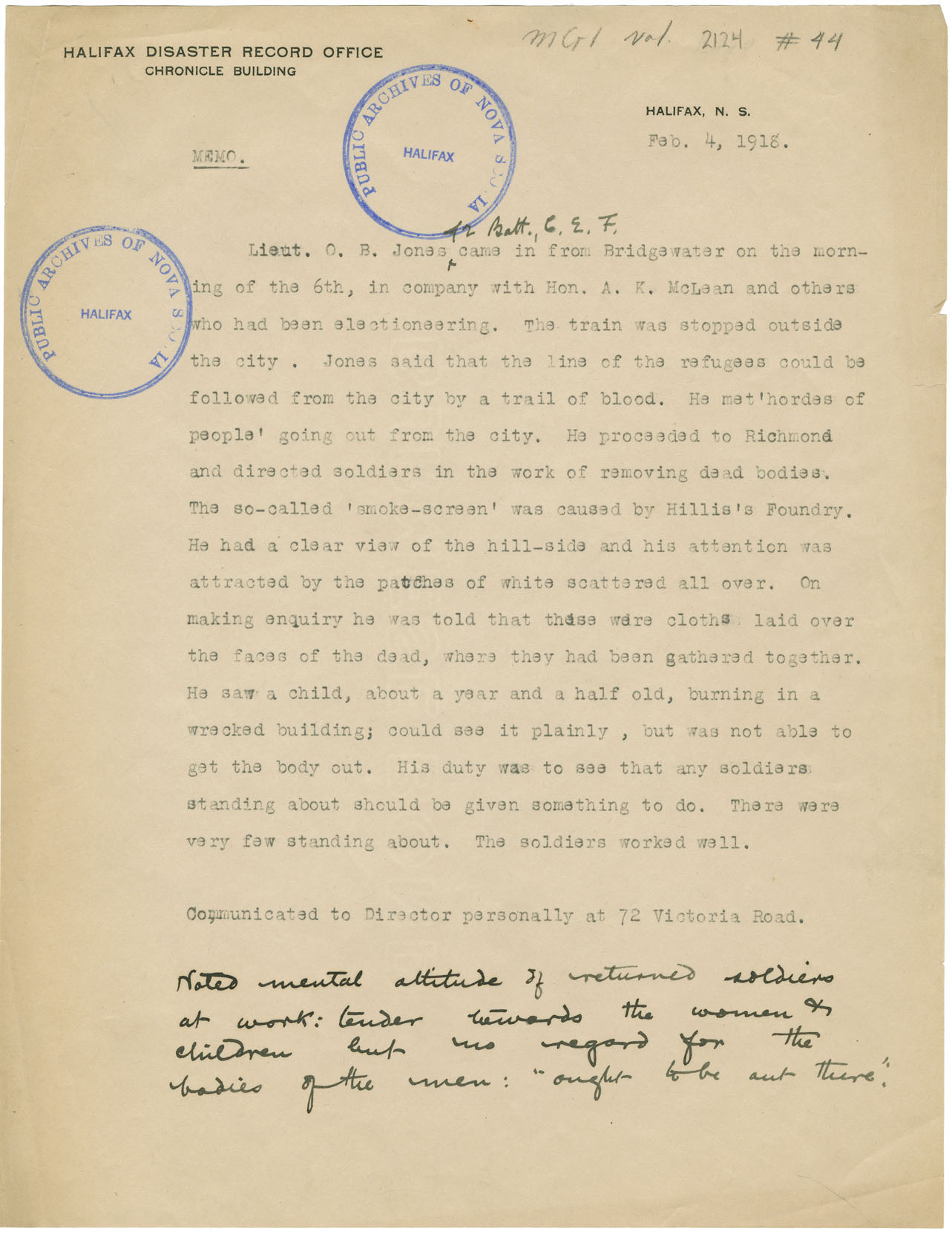 Memorandum of Lieut. O.B. Jones, 42 Battalion, C.E.F., personal narrative of events following explosion