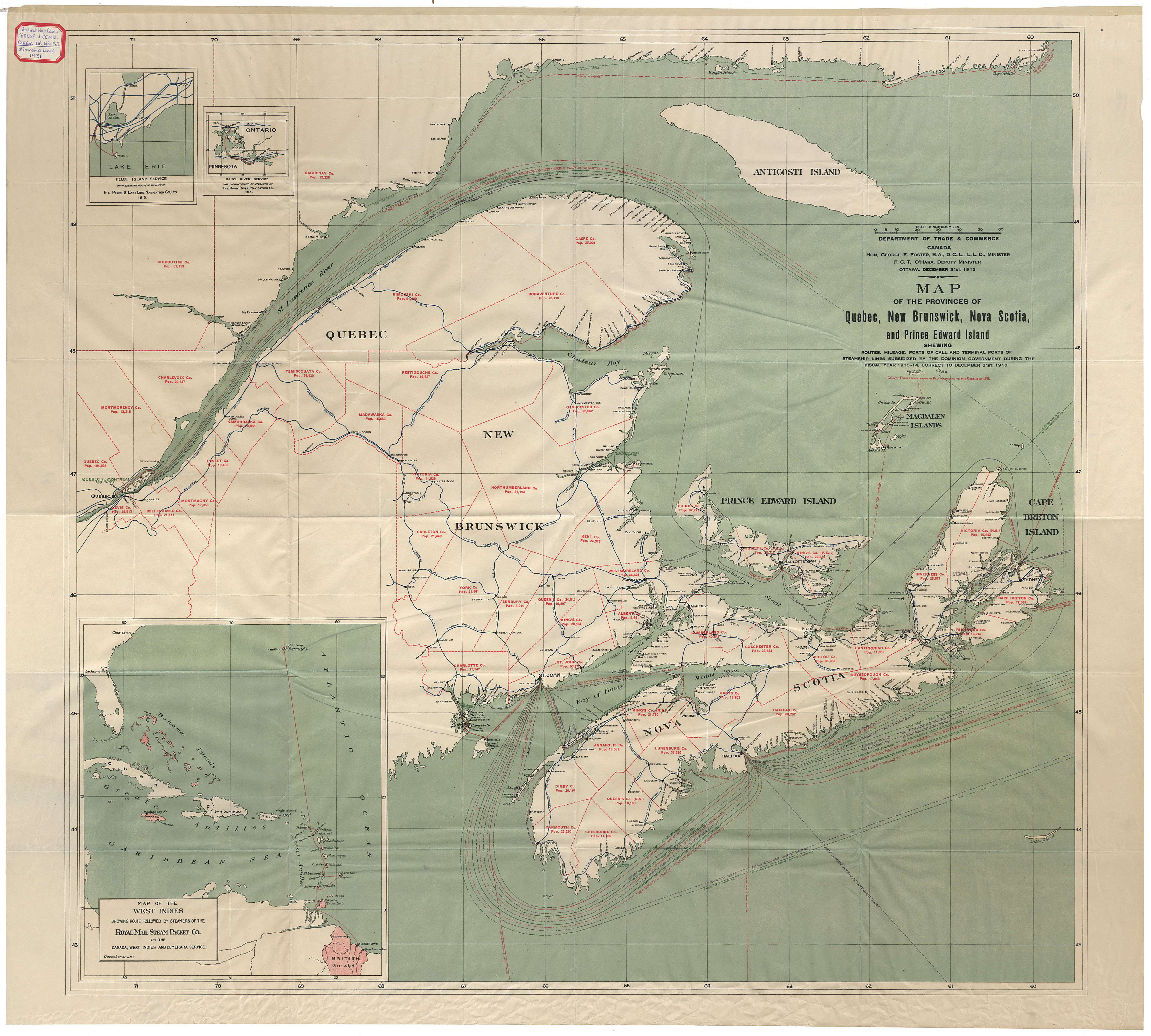 Map of Provinces of Quebec, New Brunswick, Nova Scotia, & Prince Edward island