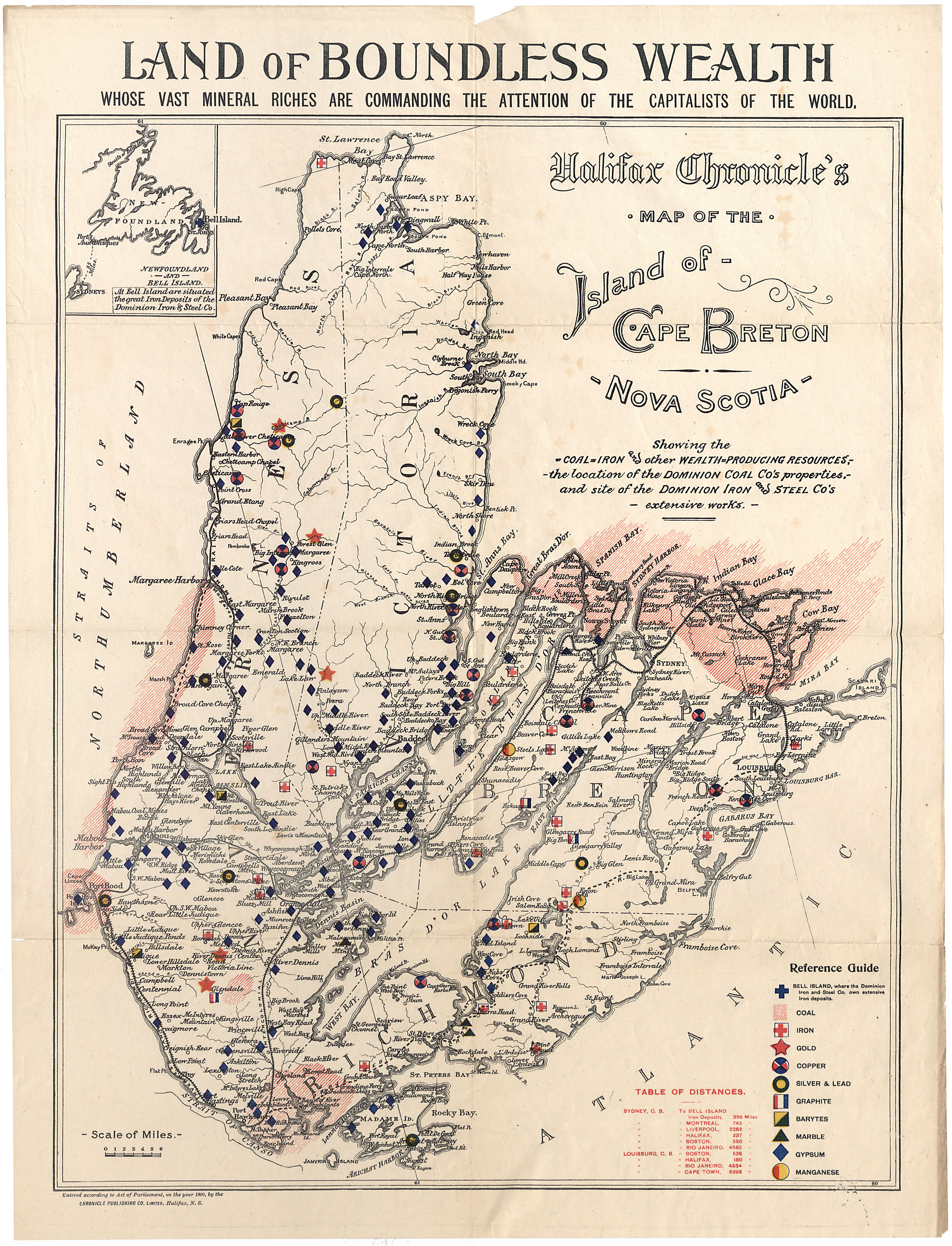 Image shows a historical map of Cape Breton Island from circa 1900, including locations of different minerals. The map is titled "Land of Boundless Wealth".