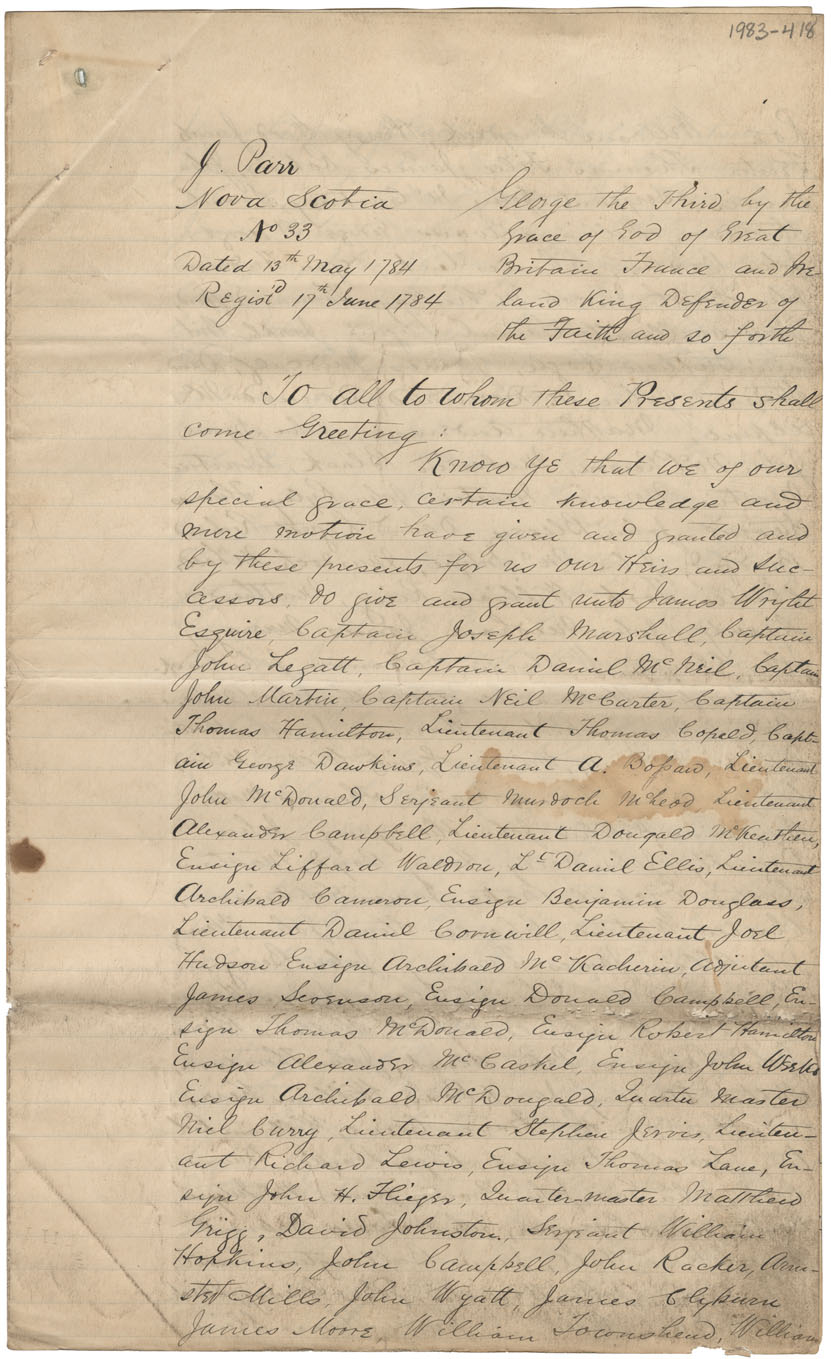 Grant to Carolina Royalists and Queens Rangers in Country Harbour, 1784