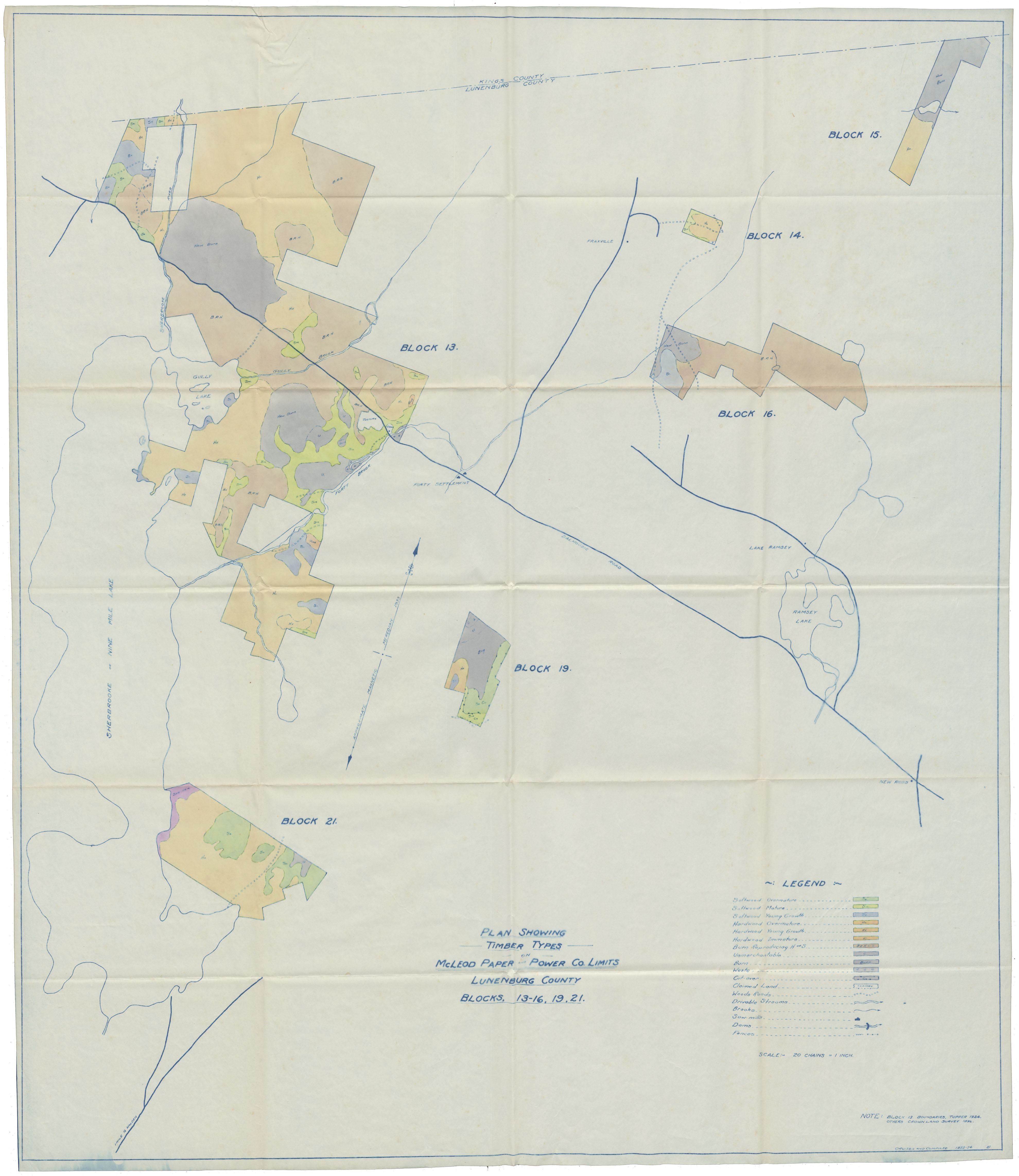 Lunenburg County Plan showing Timber Types McLeod Paper & Power County.Lun., 13-16.19.21