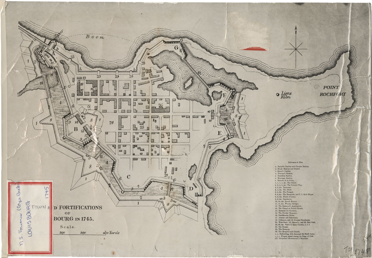 Town & Plan. Fortifications of Louisbourg in 1745