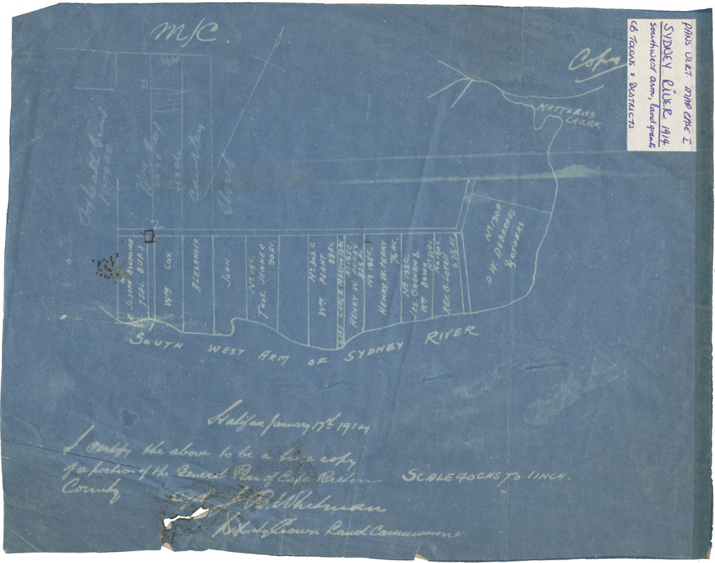PANS Vert Map Case I Sydney Rivers 1914, Southwest Arm, Land Grants