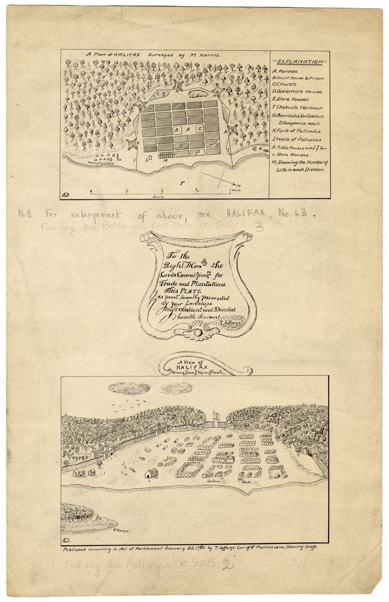 1) A Plan of Halifax, Survey by M.Harris 2) A View of halifax Drawn from ye Top Masthead