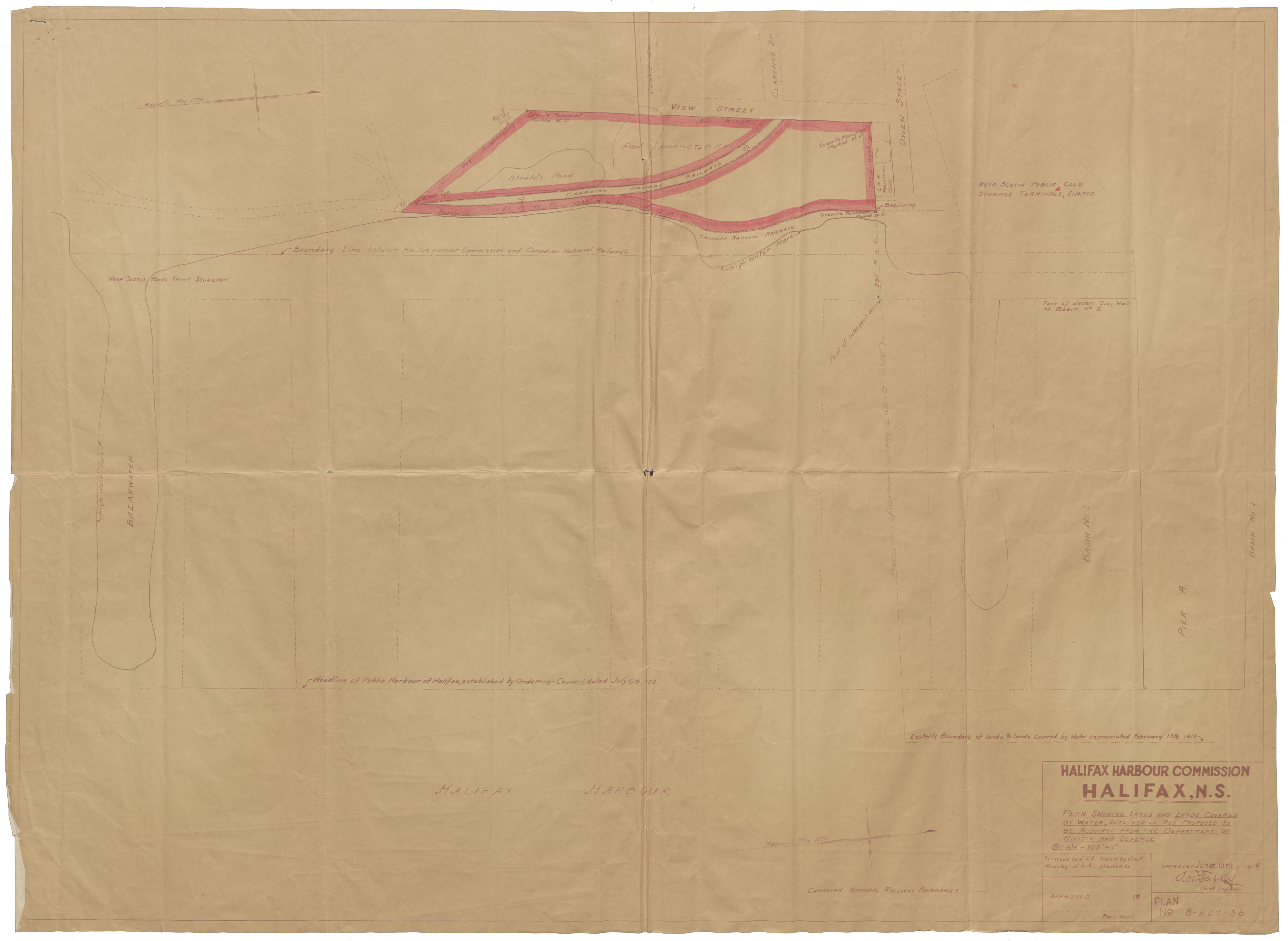 Halifax Harbour Commission Halifax, N.S. Plan showing Lands and Lands Covered by Water, Outlined in Red Proposed to be Acquired from the Department of Militia and Defense