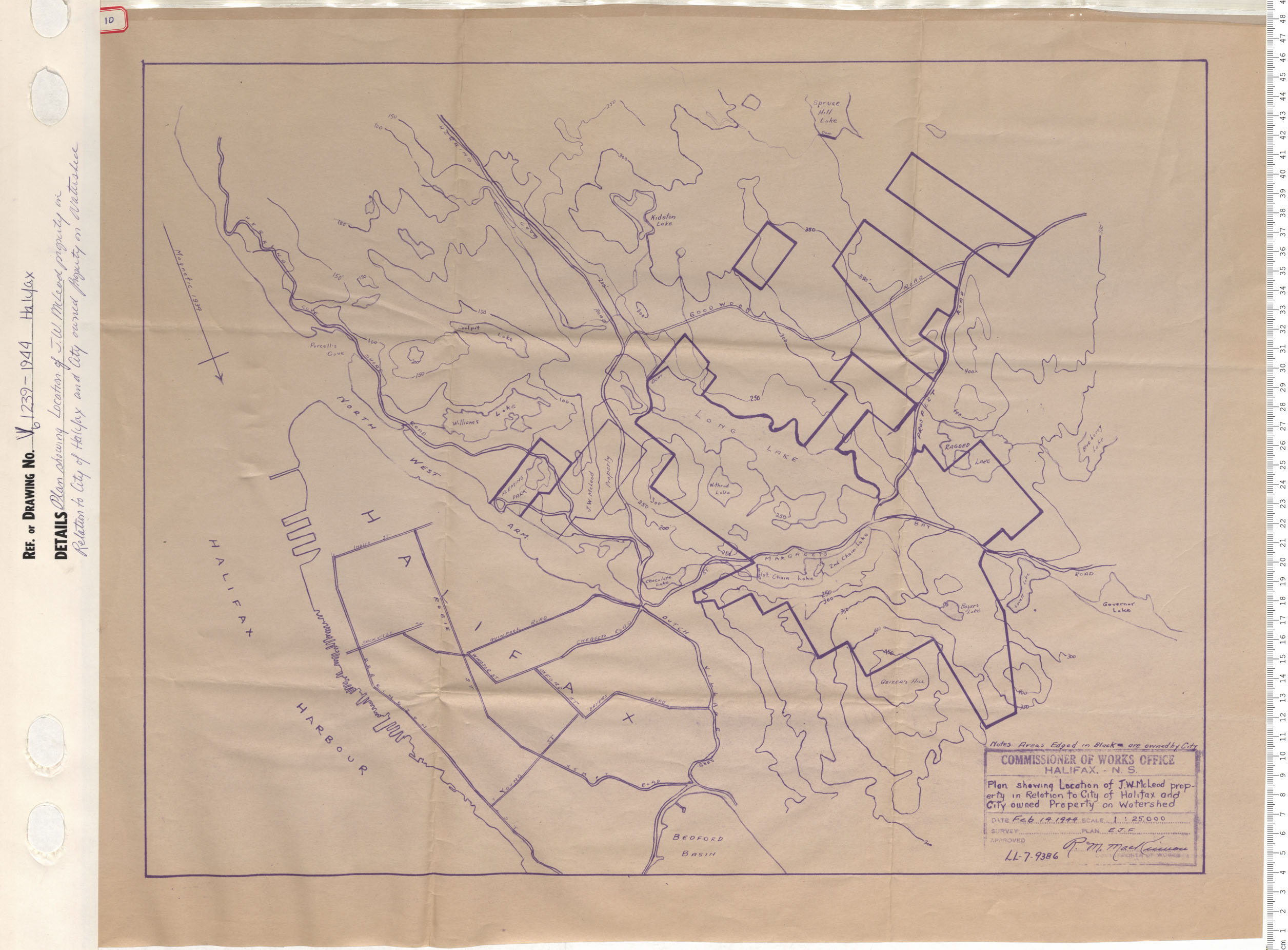 maps : Plan showing Location of J.W. McLeod property  in Relationto city of Halifax and City owned Property on Watershed