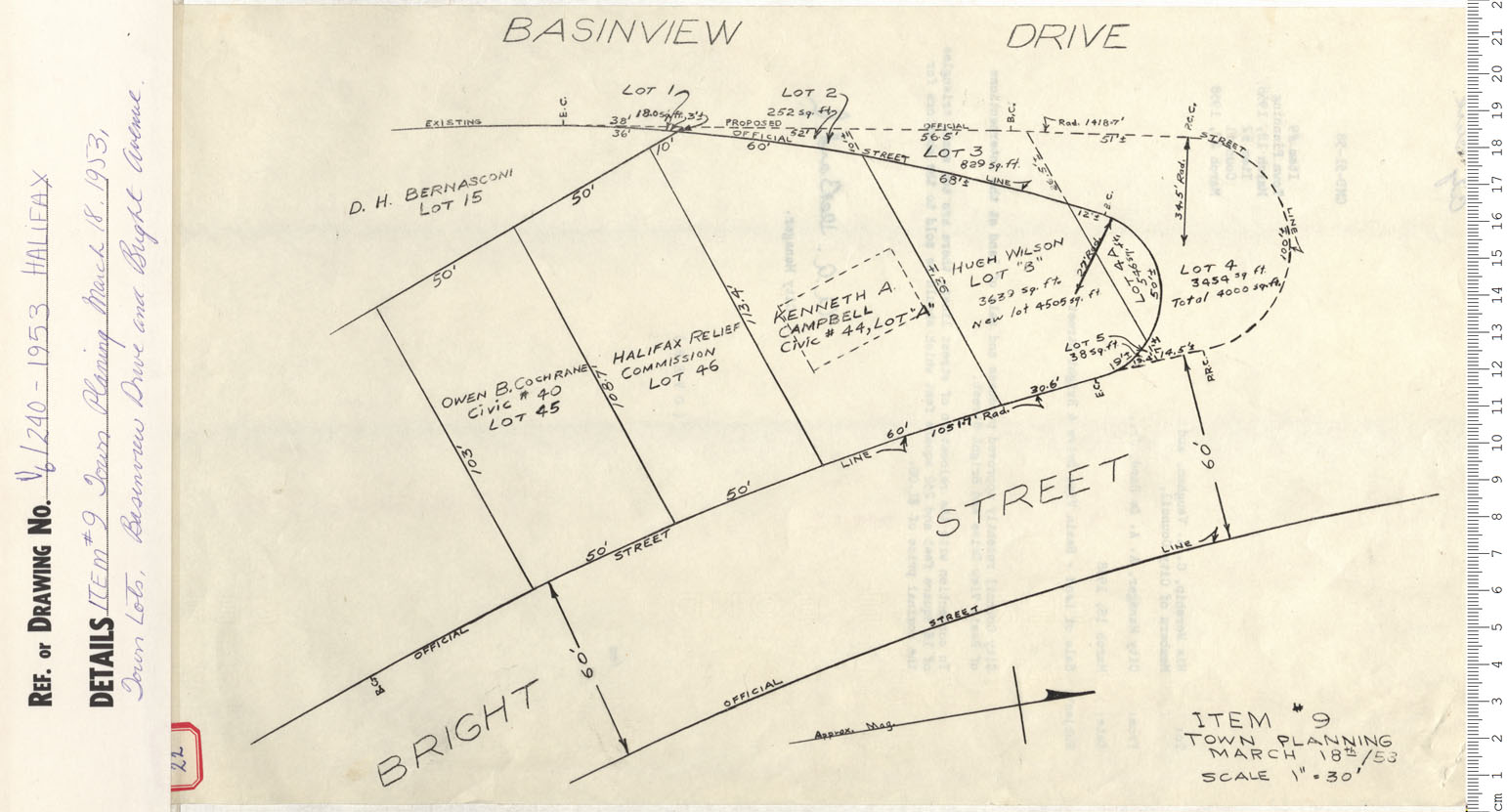 maps : Item #9 Town Planing March 18, 1953 Town Lots, Basinview Drive and Bright Avenue