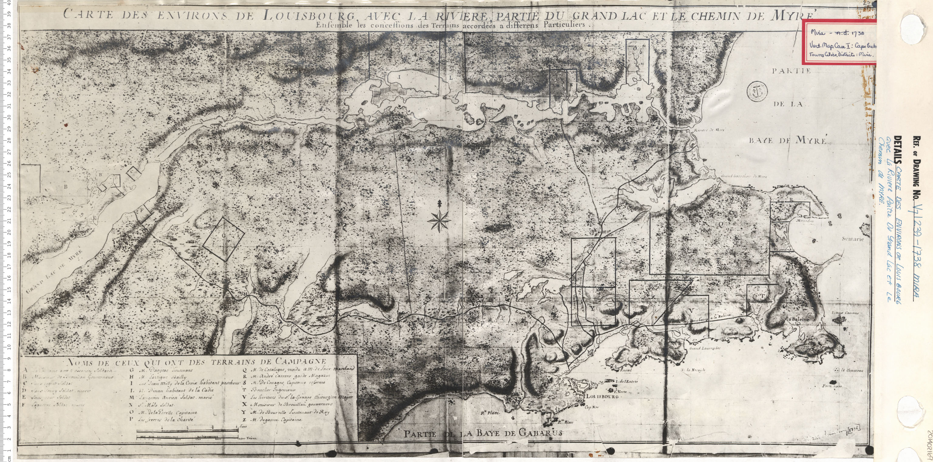 maps : Carte Des Environs de Louisbourg avec la Riviere, Partie Du Grand Lac, et Le Chemin de Myre