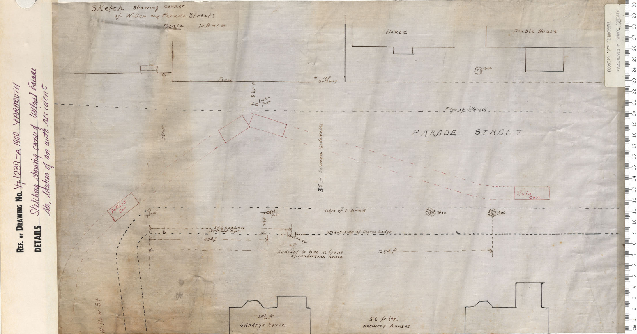 maps : Sketching Showing corner of Willow and Parade Sts. Location of auto accident