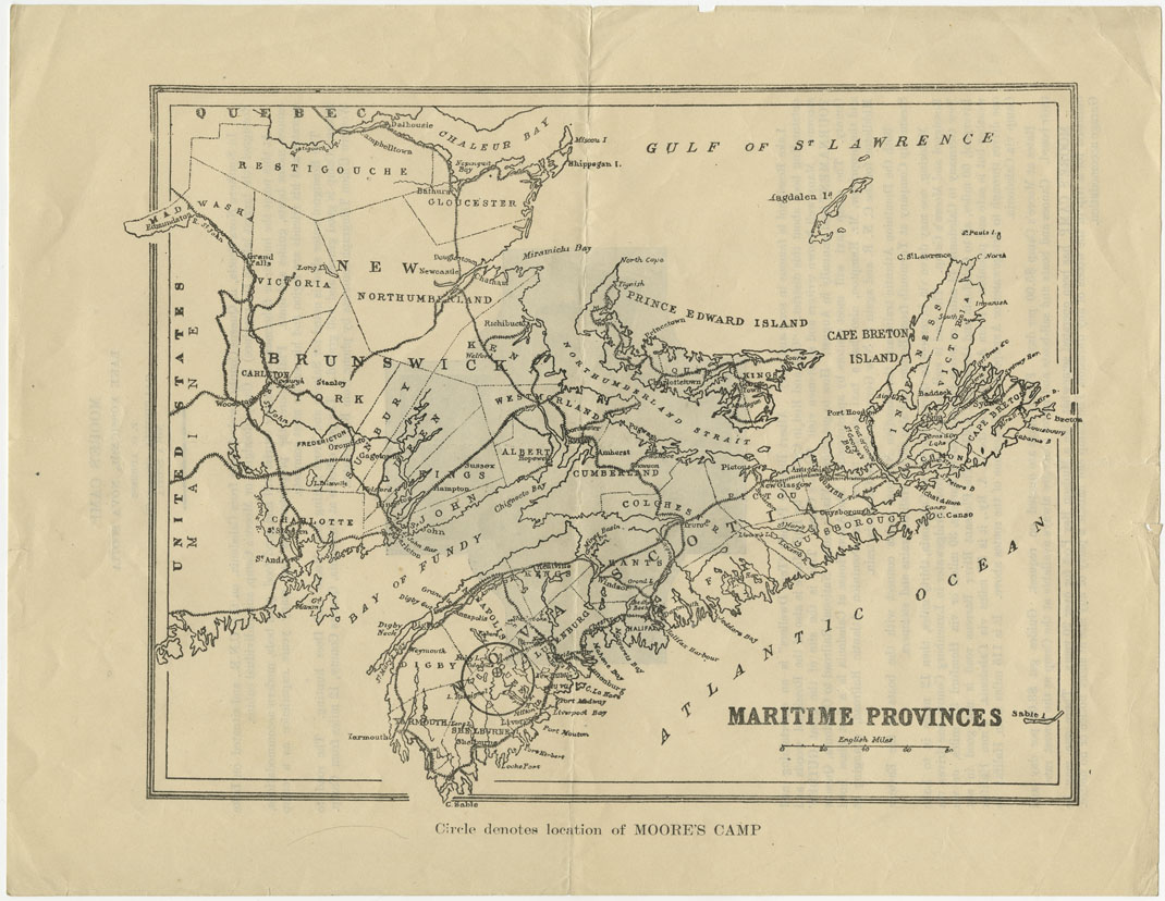 maps : Maritime Provinces.  Circle denotes location of Moores Camp