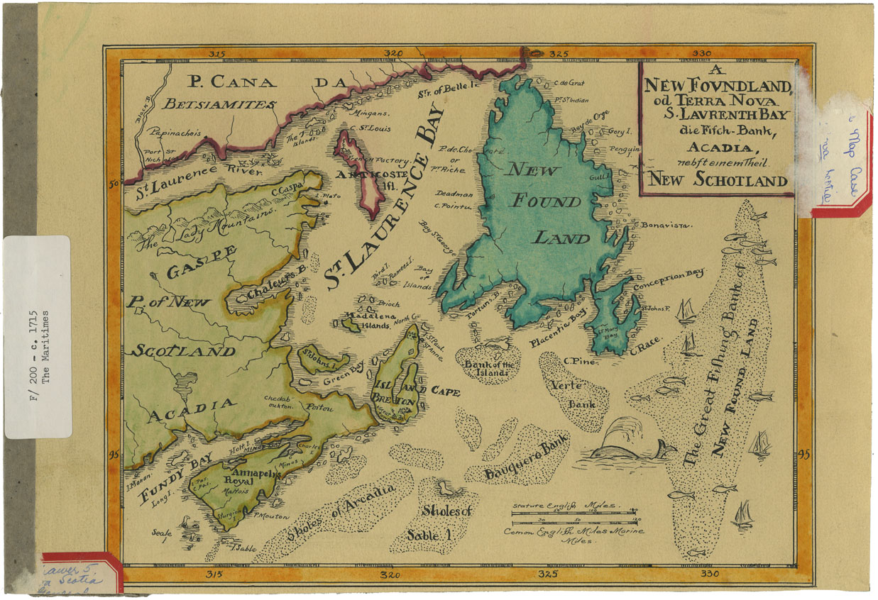 maps : A Newfoundland od. Terra Nova S.Laurenth Bay die Fych-Bank, Acadia nebfteinemtheil New Schotland.