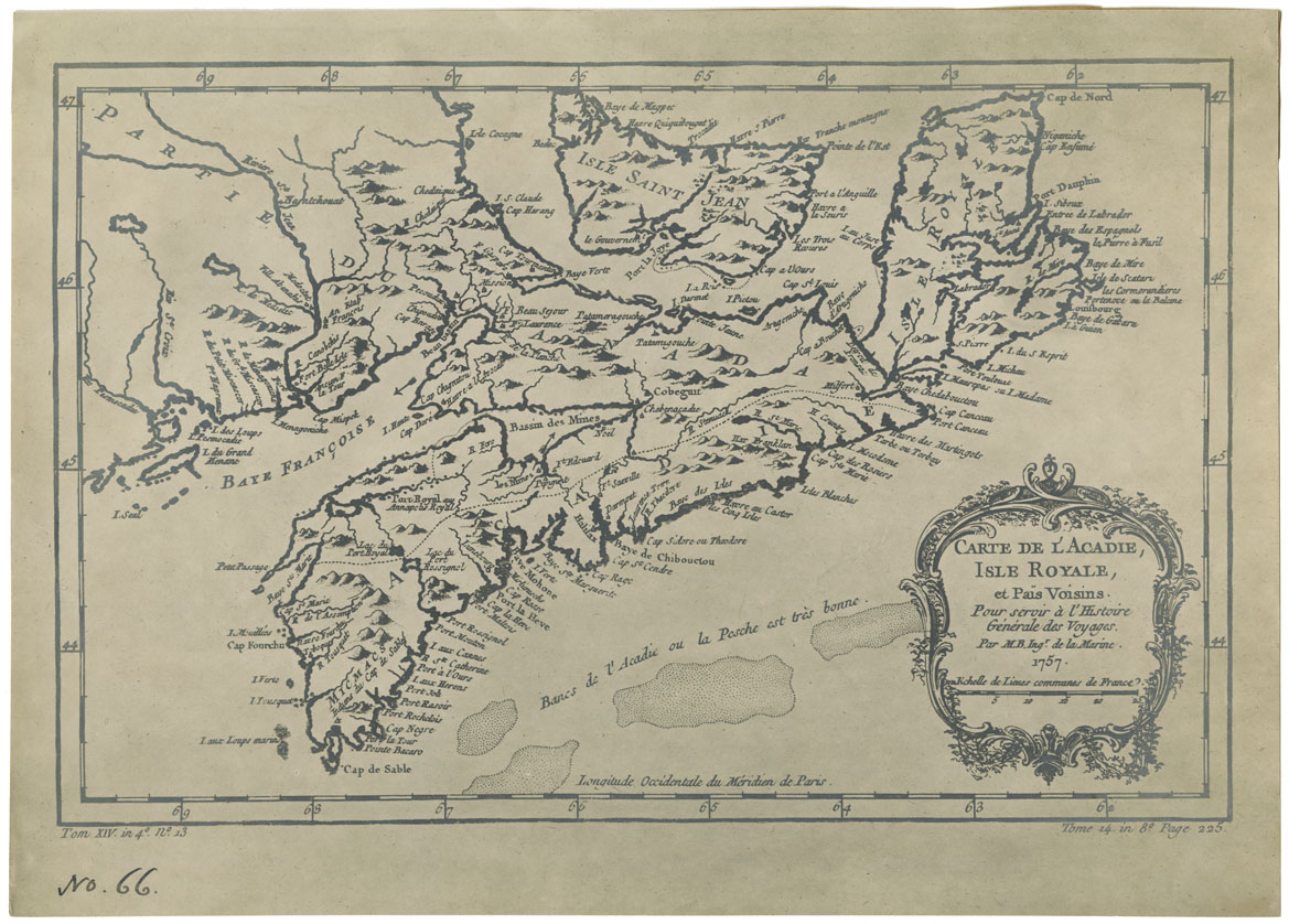 maps : Carte de LAcadie Isle Royale et Paie Voisins Pour servir a lHistoire Generale des Voyages. 1757