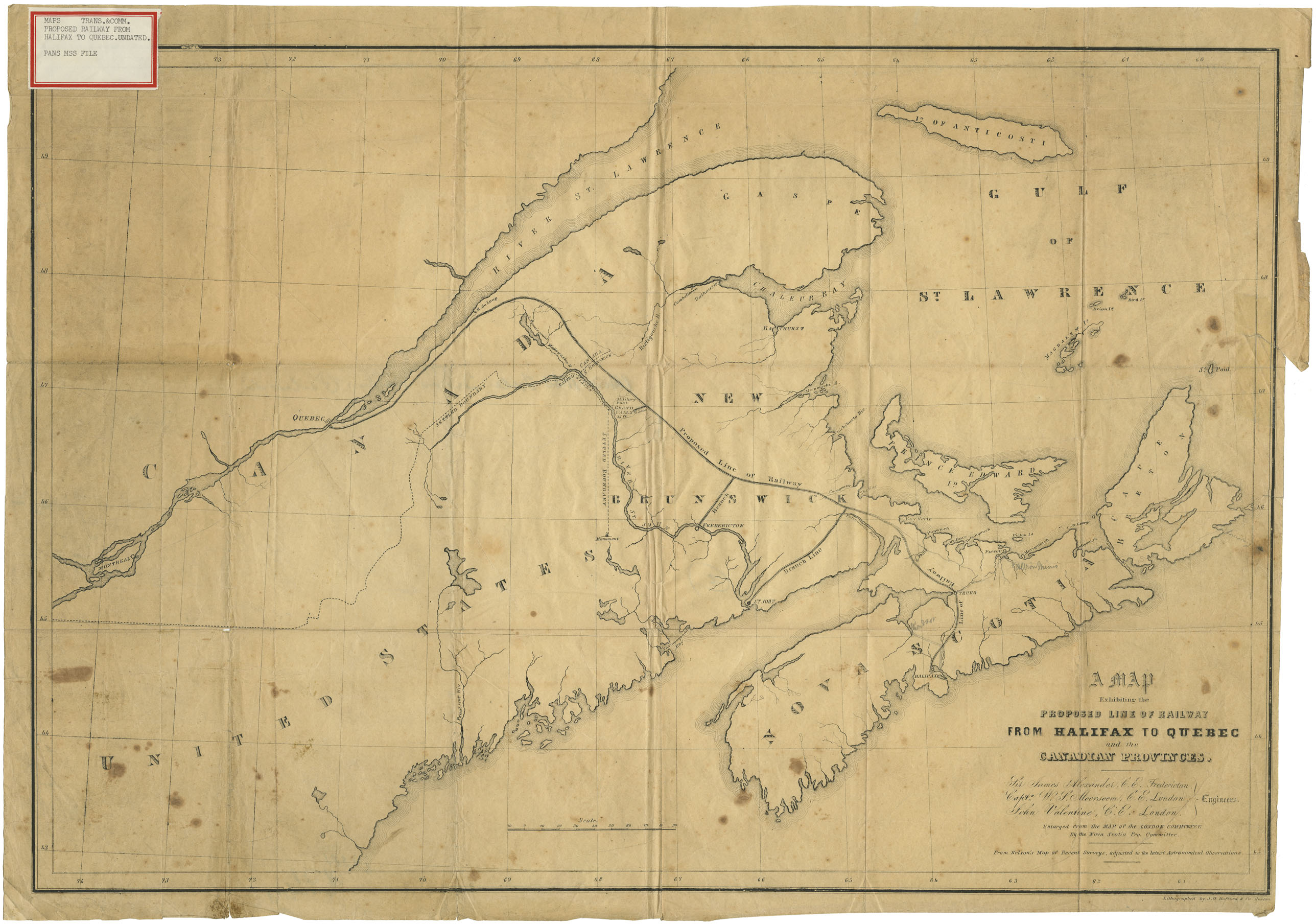 maps : A Map Exhibiting the Proposed Line of Railway from Halifax to Quebec and the Canadian provinces