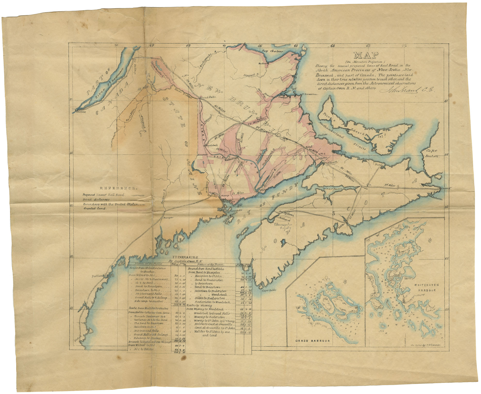 maps : Map (on Mercator Projection) Showing the several Proposed lines of RailRoad in the N.A. provinces of N.S, N.B. and part of Canada