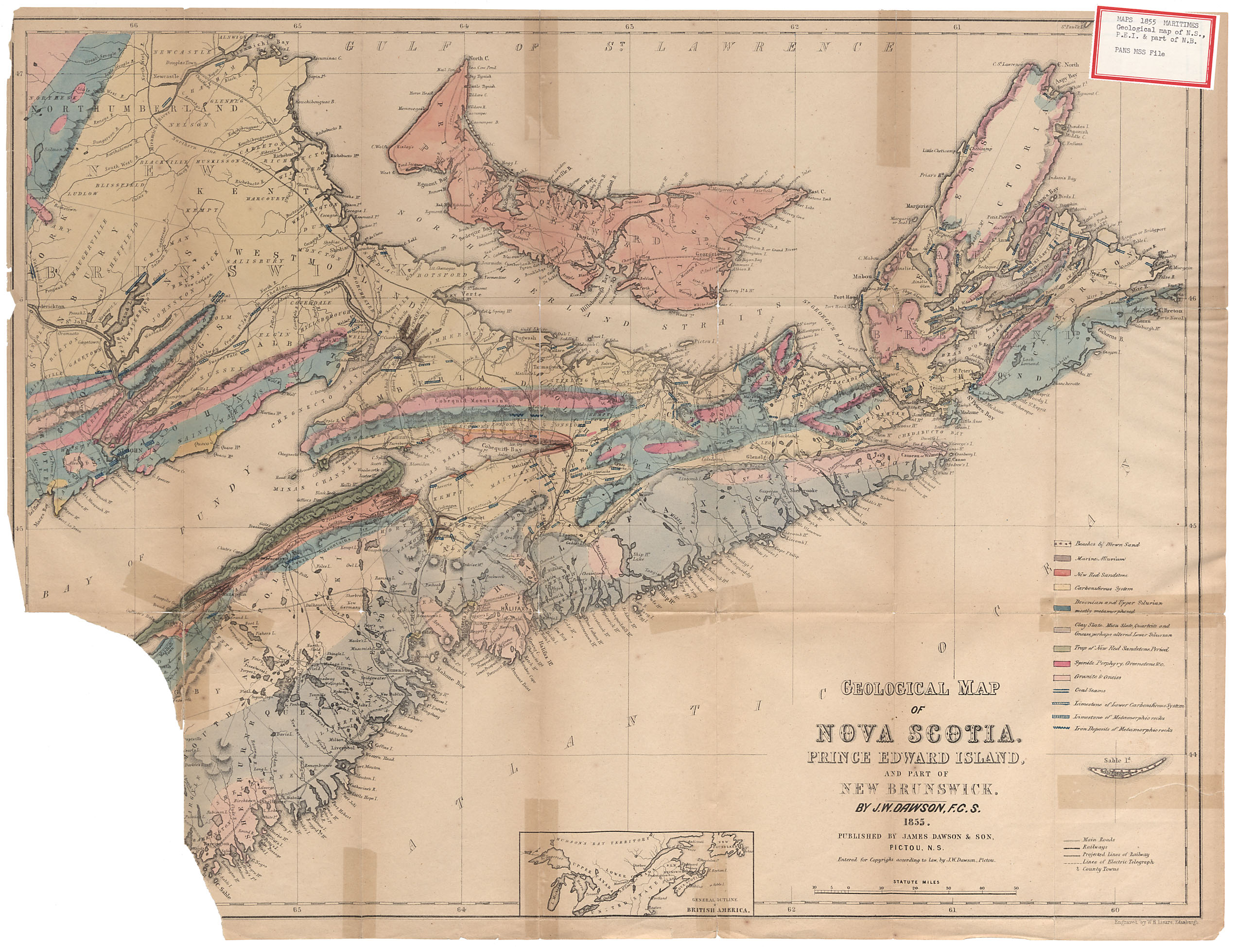 maps : Geological Map of Nova Scotia, Prince Edward Island and Part of New Brunswick By J.W.Dawson F.S.C. 1855