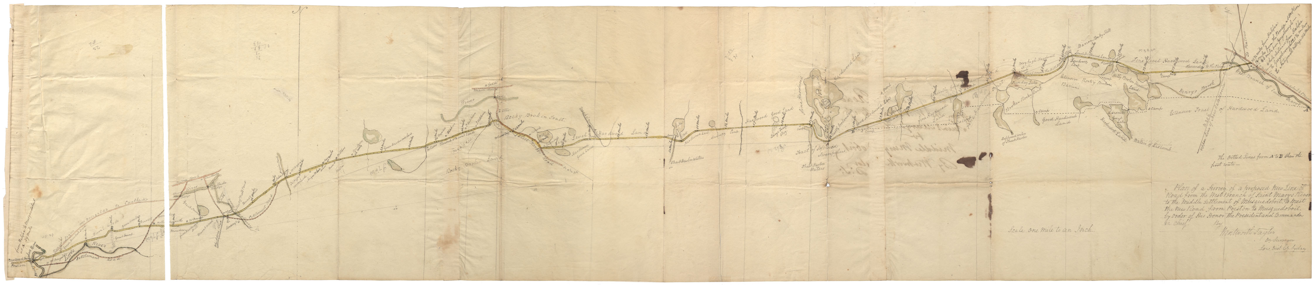 maps : Plan of a Survey of a Proposed New Road from West Branch of St. Marys River to the middle settlement of Musquodoboit to meet the new road fr