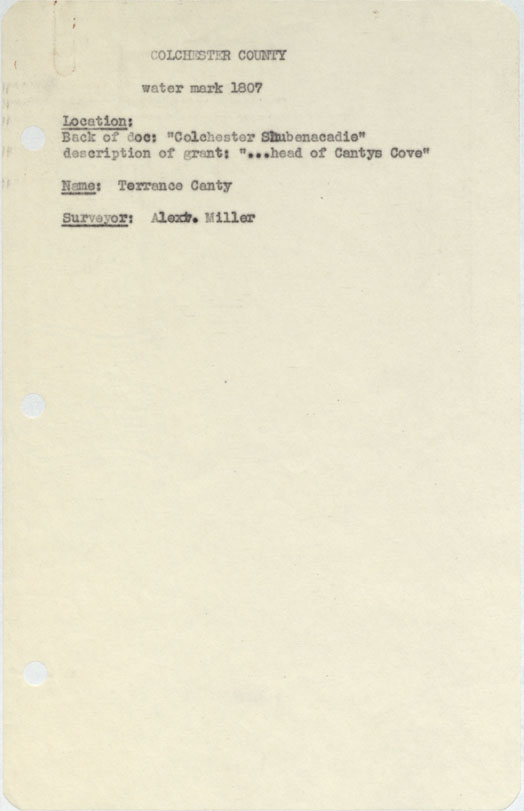 maps : Colchester County Colchester, Shubenacadie description of grant…head of Cantys Cove 1807