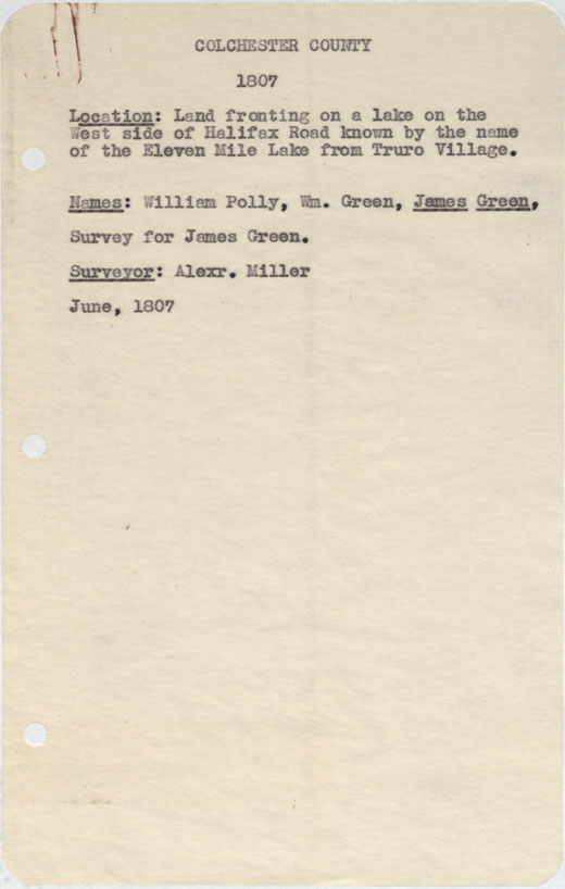 maps : Colchester County Land fronting on a lake on the west side of halifax Road known by the name Eleven Mile lake from truro 1807