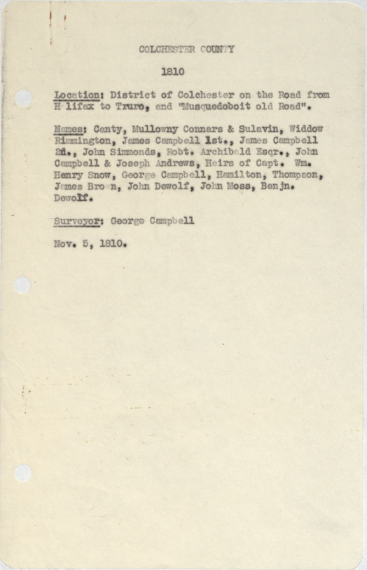 maps : Colchester County District of Colchester on the Road from halifax to Truro and Musquodoboit Old Road 1810