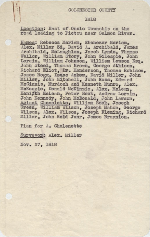 maps : Colchester County East of Onslow Township on the road leading to Pictou near Salmon River 1818