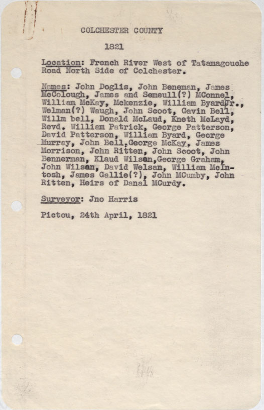 maps : Colchester County French River west of Tatamagouche Road north side of Colchester 1821