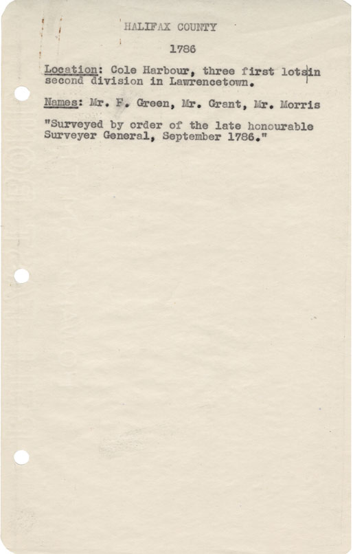 maps : Halifax County Cole Harbour, three first lots on second division in Lawrencetown, 1786
