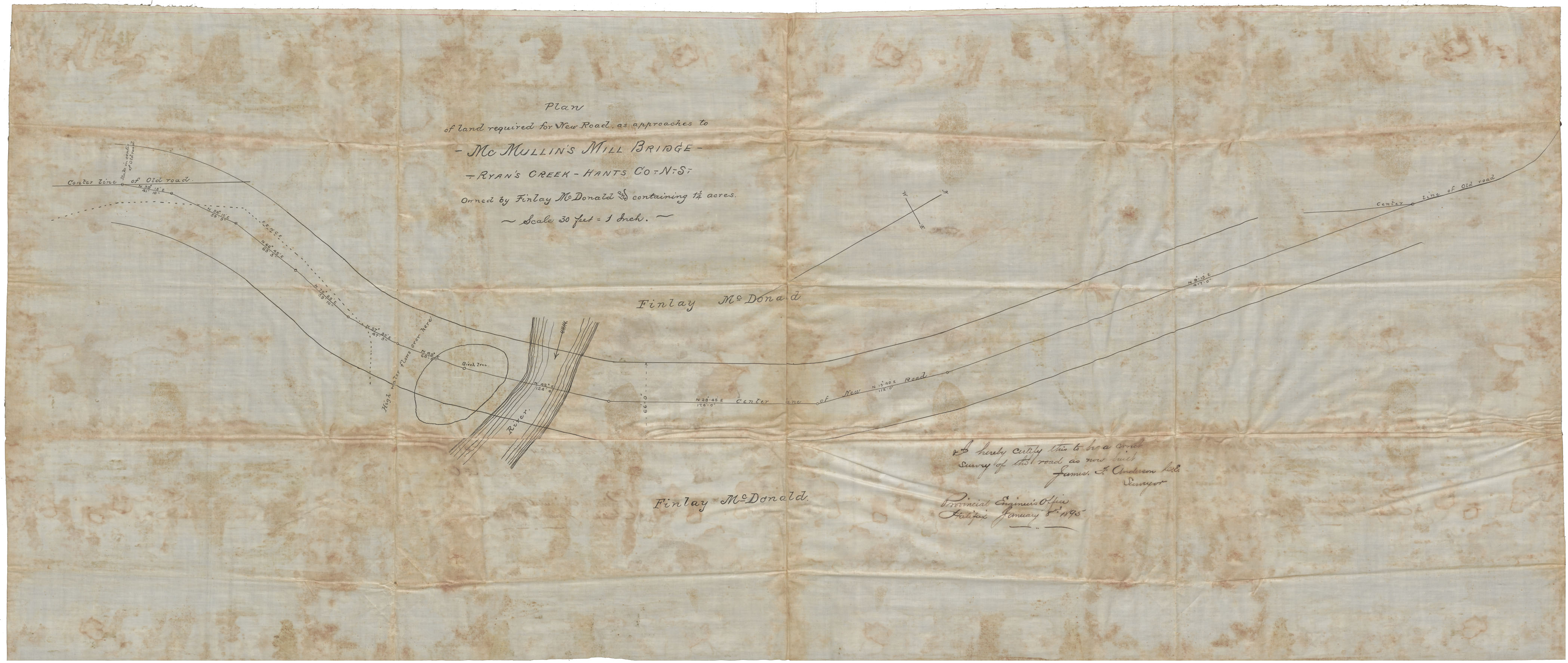 maps : Plan for Land Required for New Road as approaches to McMullons Mill Bridge, Ryans Creek, Hants County NS owned by Finlay McDonald and contai