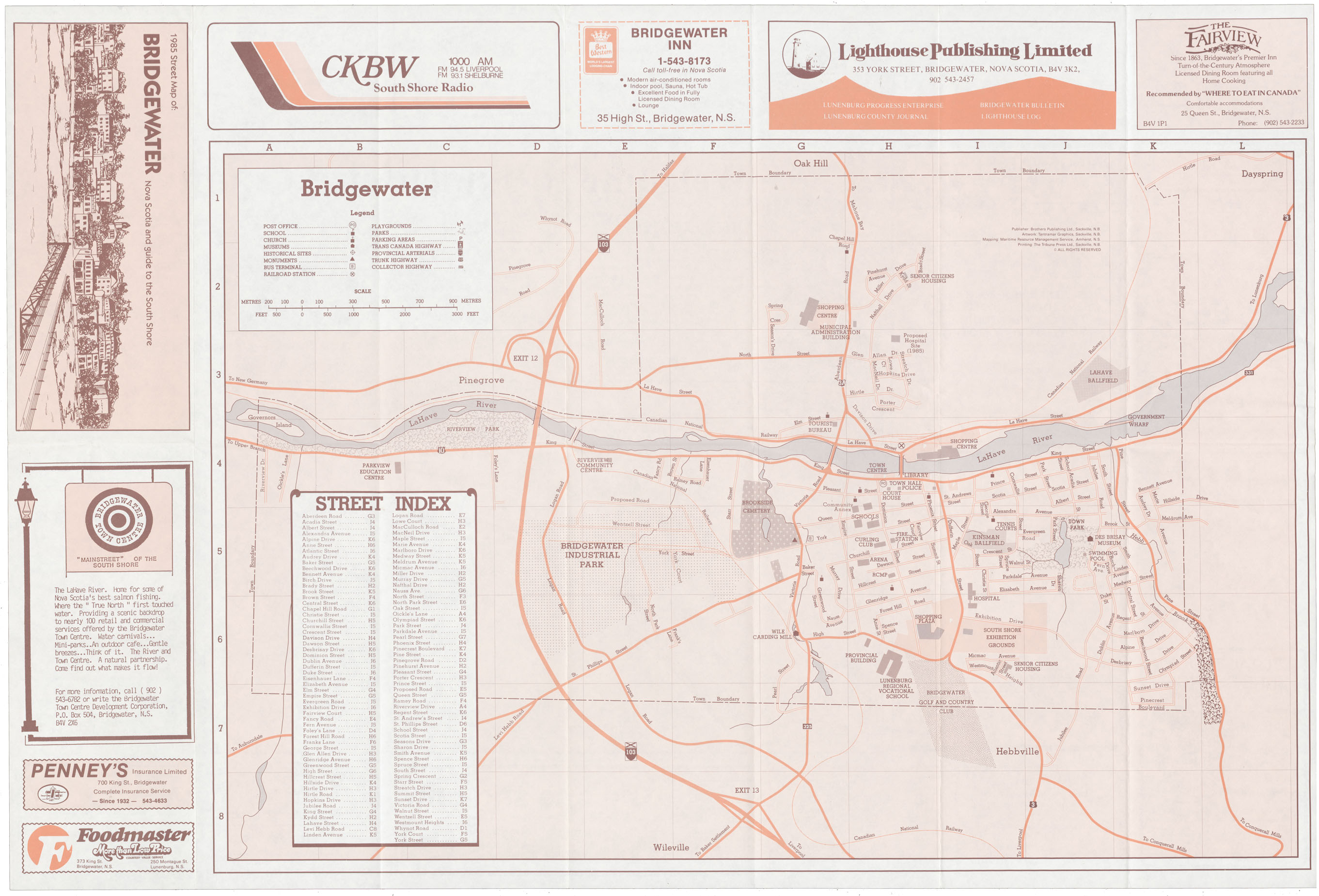 maps : 1985 Sheet map of Bridgewater, NS and Guide to the South Shore