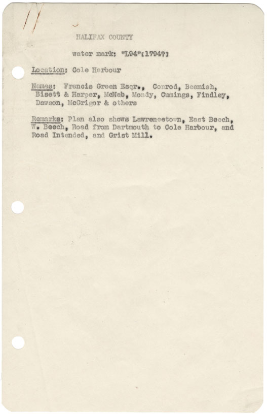 maps : Halifax County Cole Harbour (1794?)