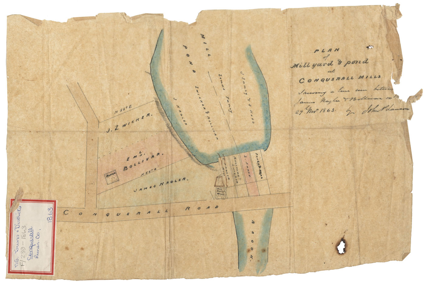 maps : Plan of the Mill yard and pond at Conquerall Mills Lunenburg County Showing the line between James Nagler & Eml.Bolliva