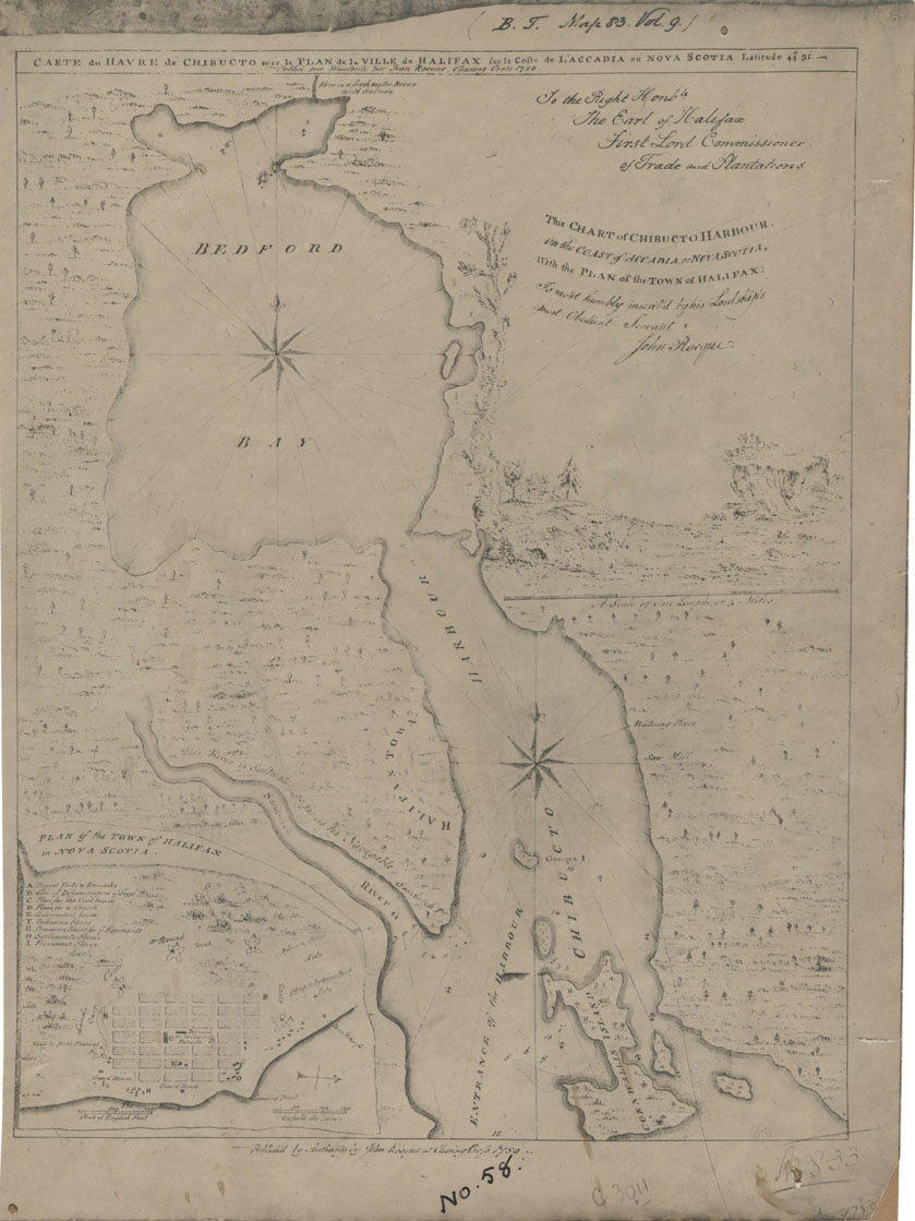 maps : The Chart of Chebucto Harbour on the Coast of Accadia or Nova Scotia with the Plan of the Town of Halifax