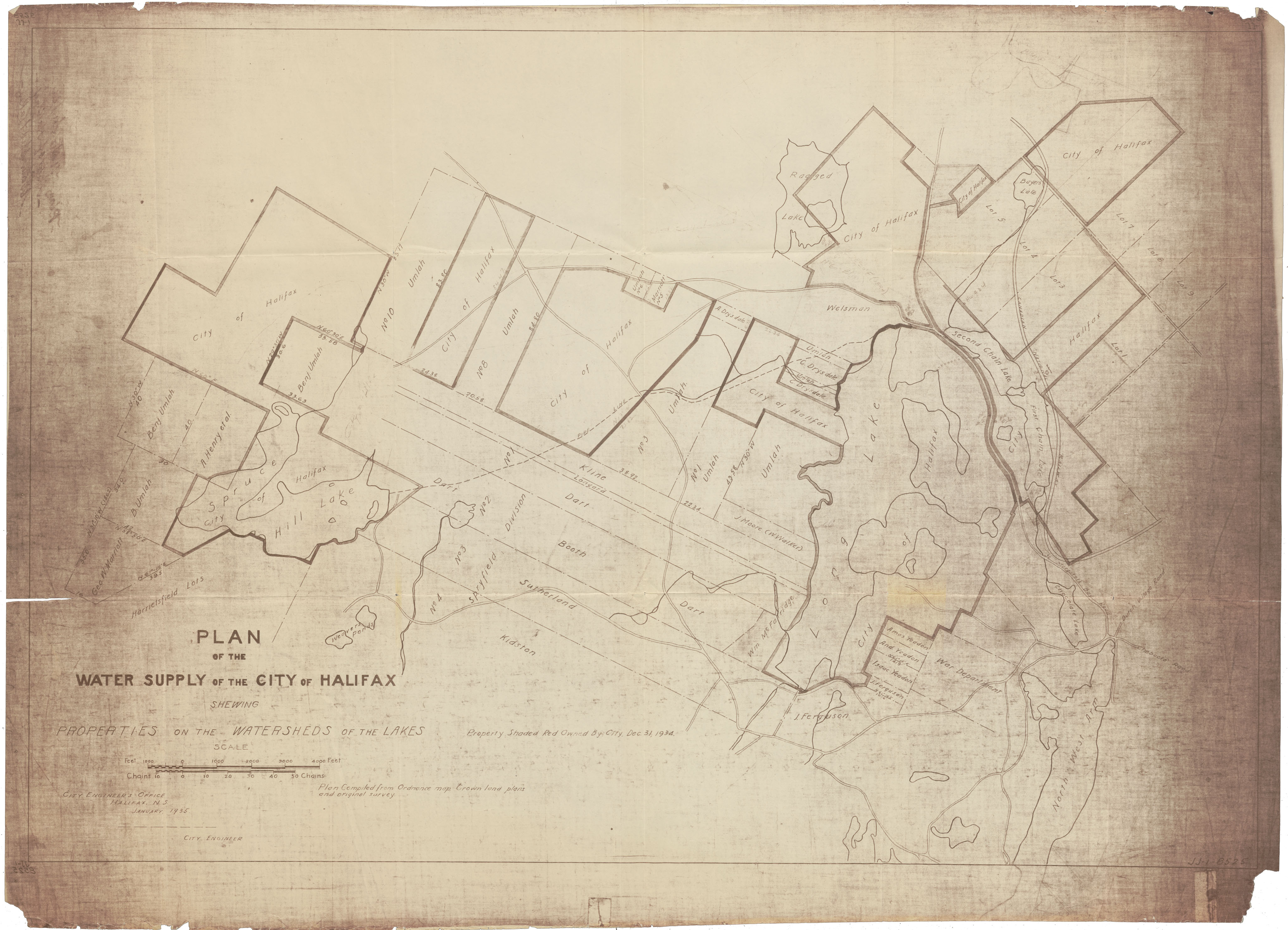 maps : Plan of the Water Supply of the City of Halifax showing Properties on the Watersheds of the Lakes
