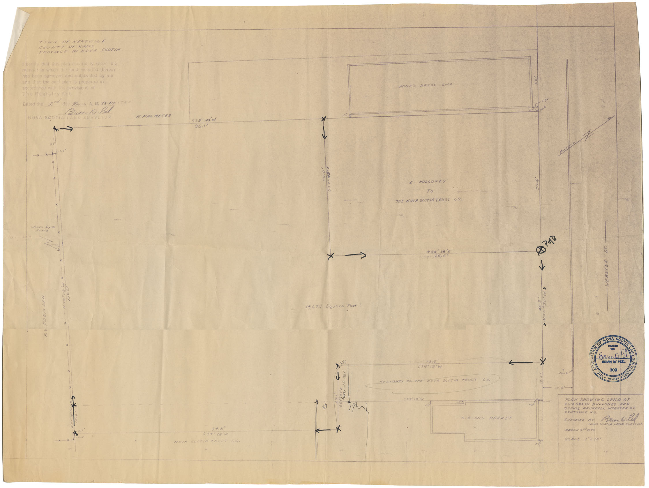 maps : Plan showing Land of Elizabeth Mulloney and Jennie Arundell Webster St Kentville N.S.