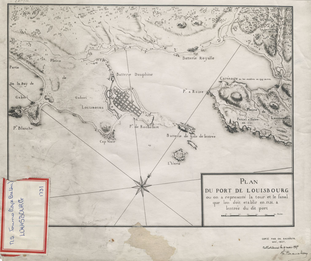 maps : Plan du Port de Louisbourg ou on represente la tour et le fanal que lon doit etabler en 1731 a lentree du dit port