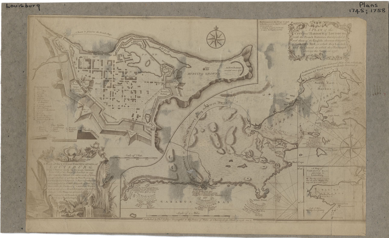 maps : Photos: Plan of City and Fortifications of Louisbourg, 1745 and Photo Plan of City and harbour of Louisbourg, 1758